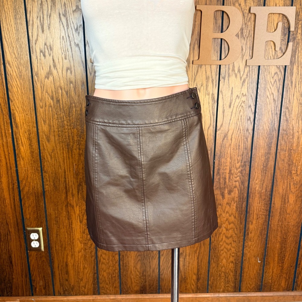 Free People Mini Skirt Womens 8 Brown Faux Leather Vegan A-Line Boho Chic Office